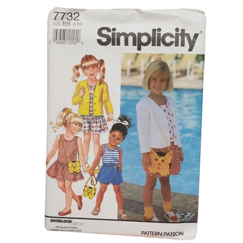 Simplicity 7732 Child's Dress Top Shorts Cardigan Purse Size 5-6x New Uncut
